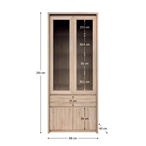 Vitrines szekrény, DTD laminált, tölgy sonoma, NORTY TYP 3
