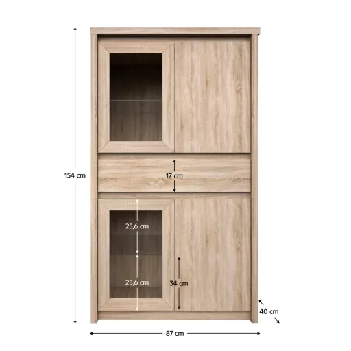 Vitrines szekrény, DTD laminált, tölgy sonoma, NORTY TYP 7