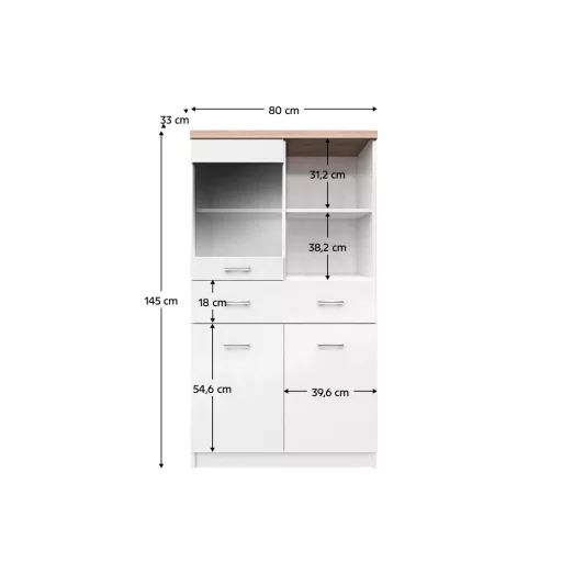 Vitrines szekrény 2D1W1S/80, fehér/tölgy sonoma, TOPTY TYP 02