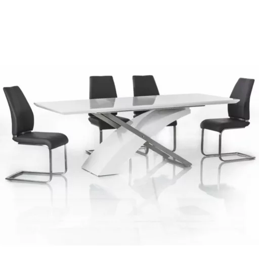 Meghosszabbítható étkezőasztal, fehér extra magasfényű HG/fém, 160-220x90 cm, KROS
