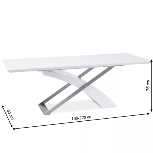 Meghosszabbítható étkezőasztal, fehér extra magasfényű HG/fém, 160-220x90 cm, KROS