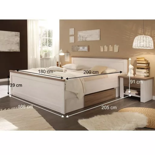 Ágykeret + 2db éjjeliszekrény, DTD fóliázott, sonoma tölgy trüffel/mandulafenyő fehér, LUMERA