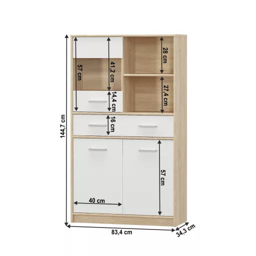 Vitrines szekrény 2D1W1S/80, fehér/tölgy sonoma, TEYO