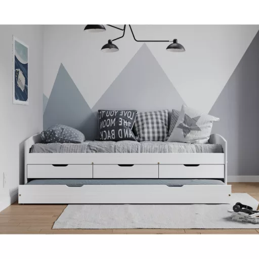 Ágy kihúzható pótággyal, fehér, tömörfa, 90x200, MARINELLA NEW