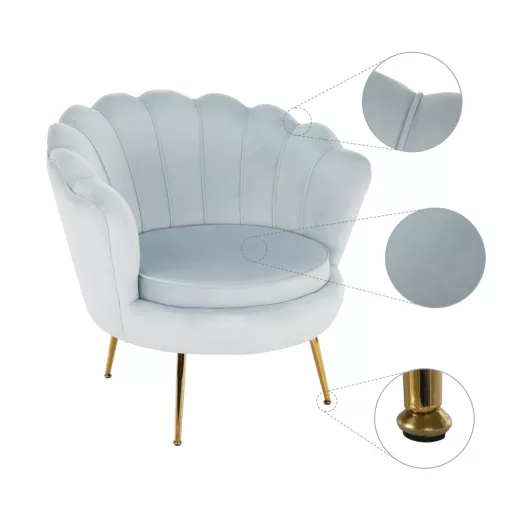 Fotel Art-deco stílusban, szürke-kék Velvet anyag/gold chróm-arany, NOBLIN
