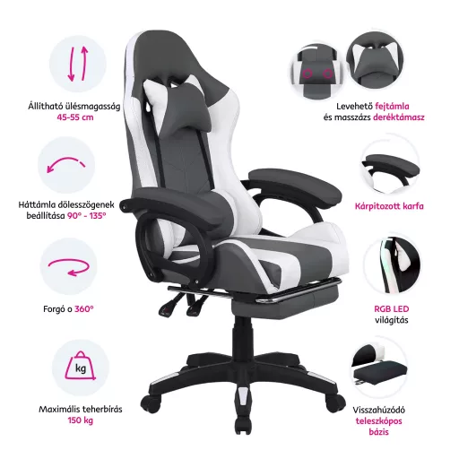 Irodai/gamer szék RGB LED világítással, fekete/fehér, JOVELA