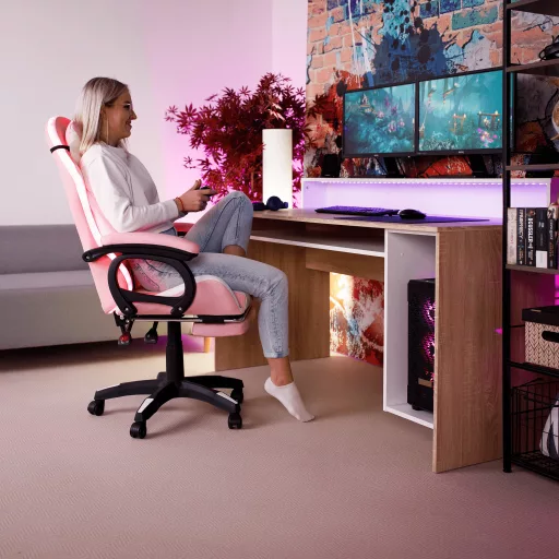 Irodai/gamer szék RGB LED világítással, rózsaszín/fehér, JOVELA