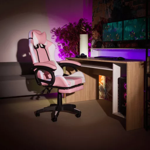 Irodai/gamer szék RGB LED világítással, rózsaszín/fehér, JOVELA