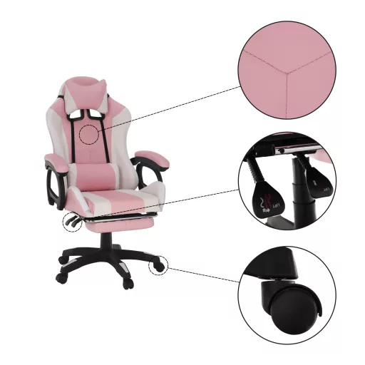 Irodai/gamer szék RGB LED világítással, rózsaszín/fehér, JOVELA