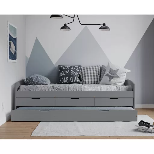 Ágy kihúzható pótággyal, szürke, tömörfa, 90x200, MARINELLA NEW