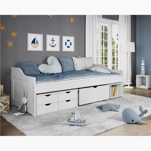 Ágy tárolóhellyel, fehér, tömörfa, 90x200, MAXI NEW