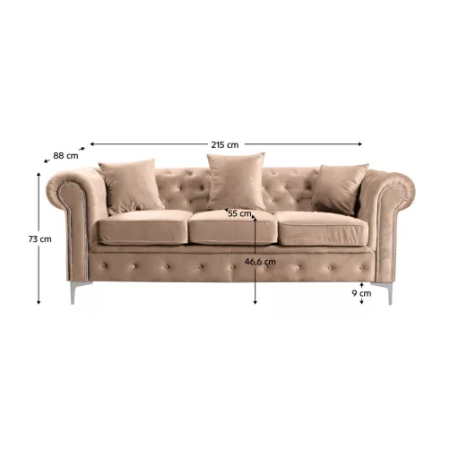 Kinyitható luxus 3-as ülés, világosbarna Velvet szövet, ROMANO