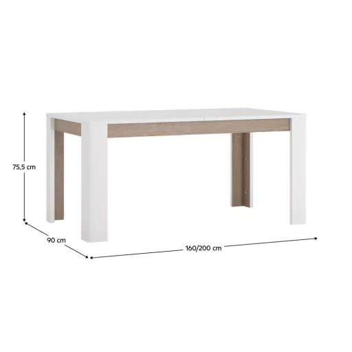 Széthúzható étkezőasztal, fehér extra magasfényű HG/sonoma tölgy sötét trufla, 160-200x90 cm, LYNAT