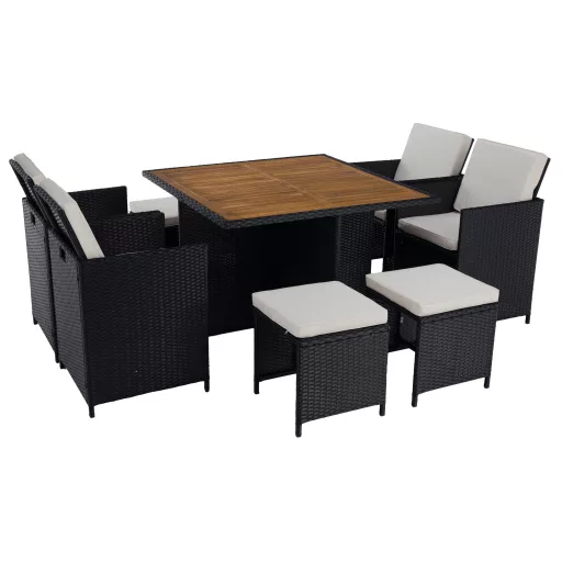 Kerti rattan szett, akácfa, fekete/krémszínű/természetes, MELFORD