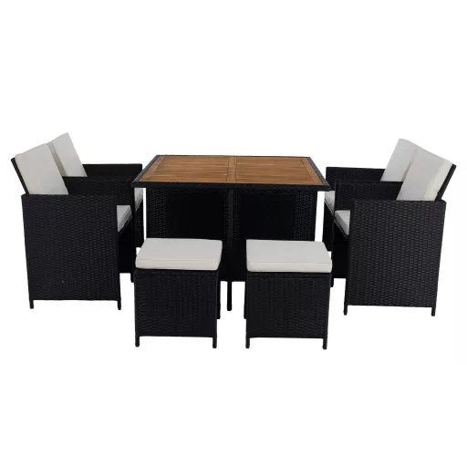 Kerti rattan szett, akácfa, fekete/krémszínű/természetes, MELFORD