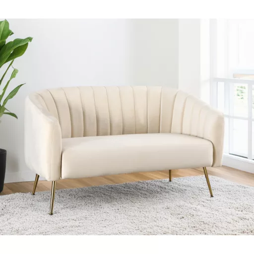 Design kétszemélyes kanapé, bézs Velvet szövet/gold króm-arany, BAGY