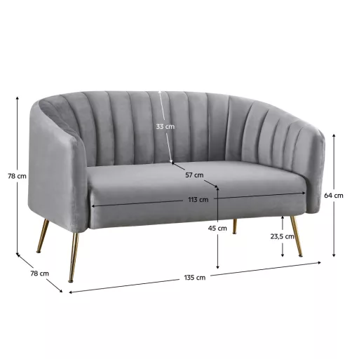Design kétszemélyes kanapé, szürke Velvet szövet/gold króm-arany, BAGY