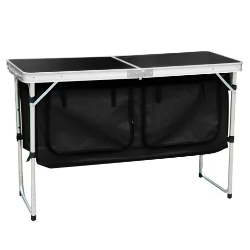 Összecsukható kempingasztal rendszerezővel, 120 cm, alumínium/MDF, KEPI TYP 3