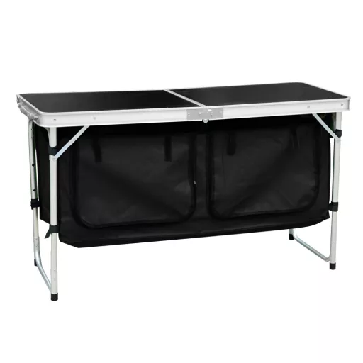 Összecsukható kempingasztal rendszerezővel, 120 cm, alumínium/MDF, KEPI TYP 3