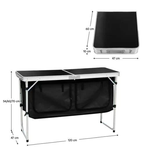 Összecsukható kempingasztal rendszerezővel, 120 cm, alumínium/MDF, KEPI TYP 3