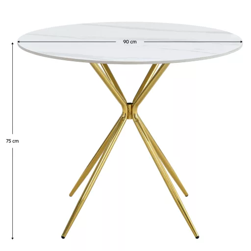 Étkezőasztal, fehér márvány/gold arany króm, átmérő 90 cm, MEKNER