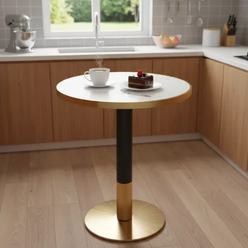 Bisztró asztal étkezőbe, fehér márvány/fekete/arany, átmérő 80 cm, OREN