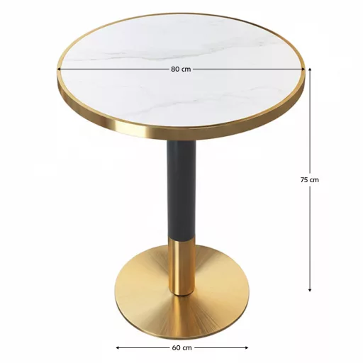 Bisztró asztal étkezőbe, fehér márvány/fekete/arany, átmérő 80 cm, OREN