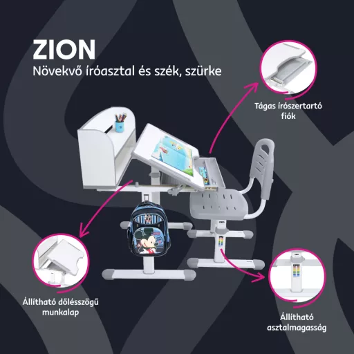 Növekvő íróasztal és szék, szürke/fehér, set ZION