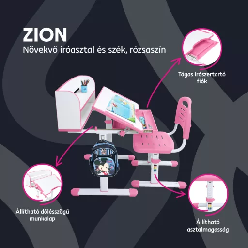 Növekvő íróasztal és szék, rózsaszín/fehér, set ZION