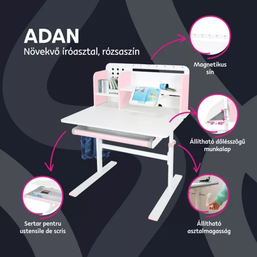 Növekvő íróasztal, rózsaszín/fehér, ADAN