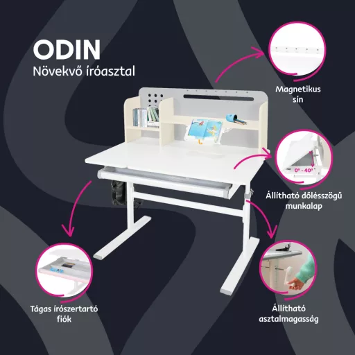 Növekvő íróasztal, szürke/fehér, ODIN