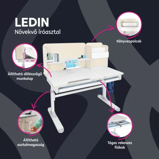 Növekvő íróasztal, natúr/fehér, LEDIN