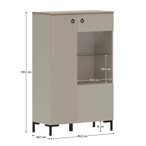 Alacsony vitrin, szürkésbarna Taupe/silverjack tölgy, DOMCA 1D1W/140
