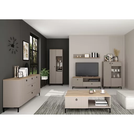 Alacsony vitrin, szürkésbarna Taupe/silverjack tölgy, DOMCA 1D1W/140