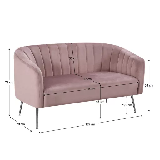 Design kétszemélyes kanapé, rózsaszín Velvet szövet/króm-ezüst, BAGY