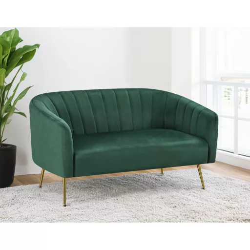 Design kétszemélyes kanapé, sötétzöld Velvet szövet/gold króm-arany, BAGY