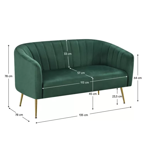 Design kétszemélyes kanapé, sötétzöld Velvet szövet/gold króm-arany, BAGY