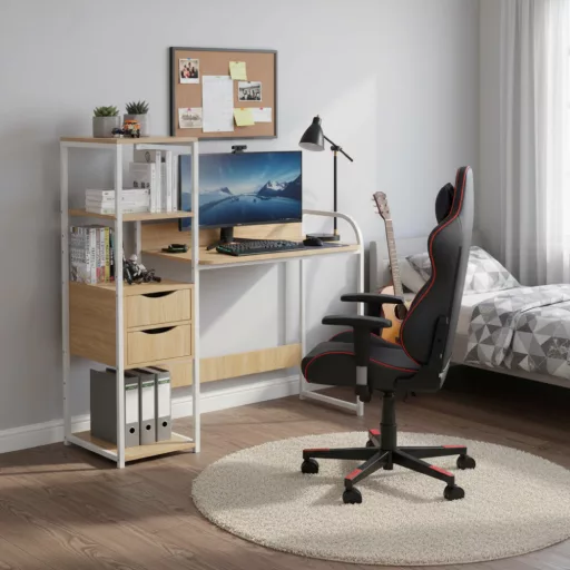 Univerzális PC asztal, tölgy/fehér, ELGIO