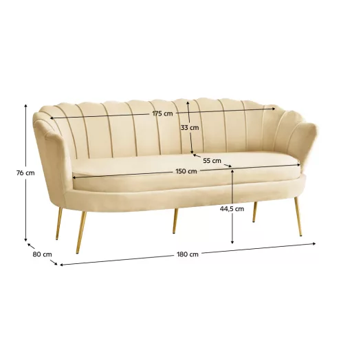Luxus kanapé, 3 személyes, bézs Velvet szövet/arany, Art-deco, NOBLEO TYP 2