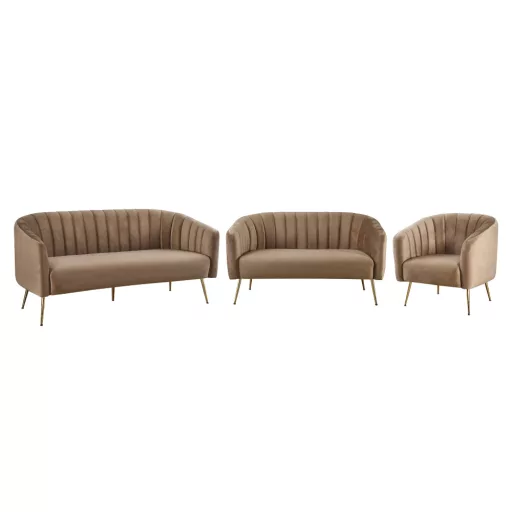 Design 3-as ülés kanapé, barna bársony szövet/arany króm-arany, BAGY