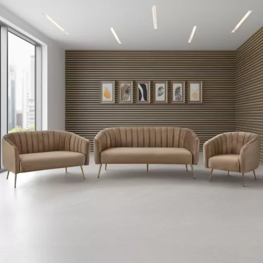 Design 3-as ülés kanapé, barna bársony szövet/arany króm-arany, BAGY