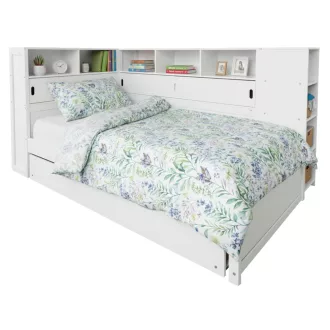 Ágy polcokkal és pótággyal, fehér, 90x200, LENDON