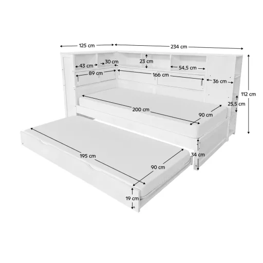 Ágy polcokkal és pótággyal, fehér, 90x200, LENDON