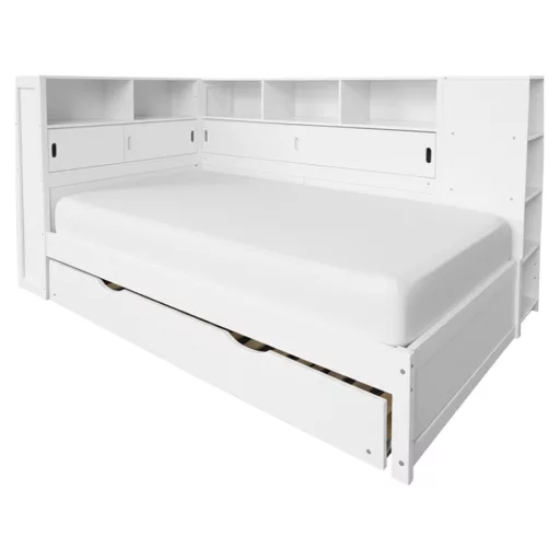 Ágy polcokkal és pótággyal, fehér, 90x200, LENDON