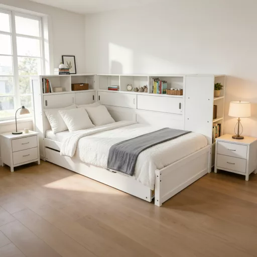 Ágy polcokkal és pótággyal, fehér, 90x200, LENDON