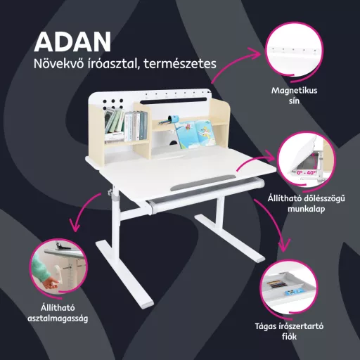 Növekvő íróasztal, természetes/fehér, ADAN