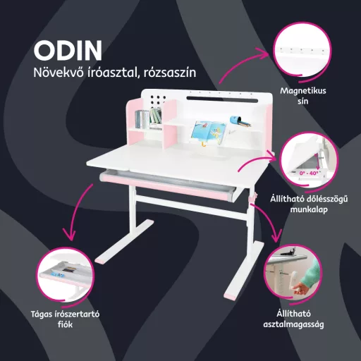 Növekvő íróasztal, rózsaszín/fehér, ODIN